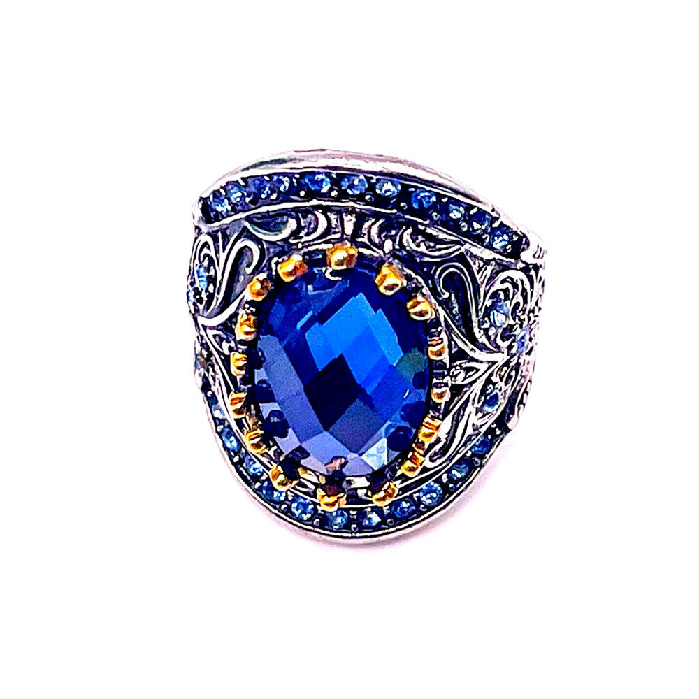 𝅺VINTAGE Silver Tone Statement Ring Costume Jewelry Oval Blue Stone Size 5.75